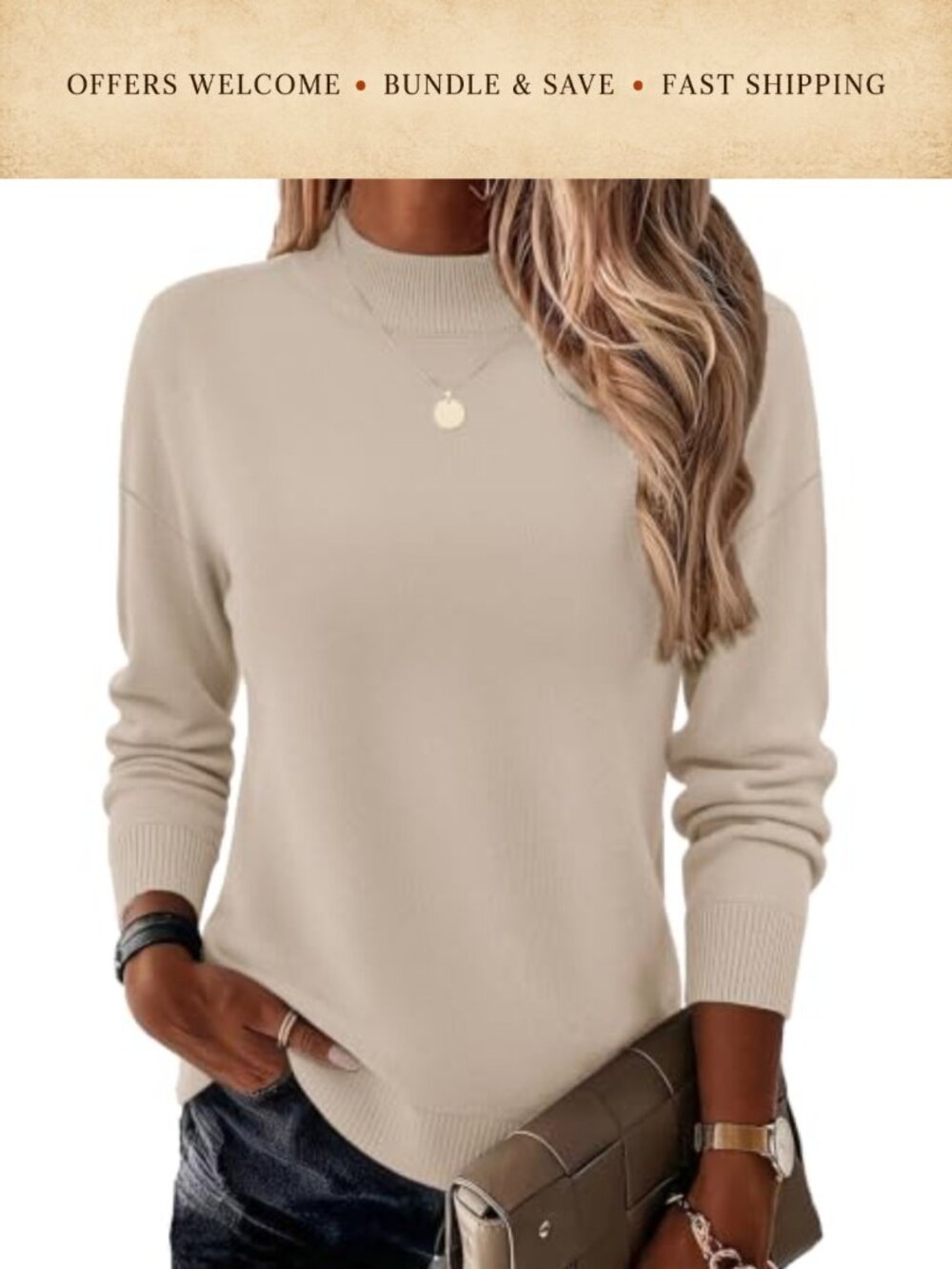 Mock Turtleneck Sweater Long Sleeve Lightweight Knit Pullover